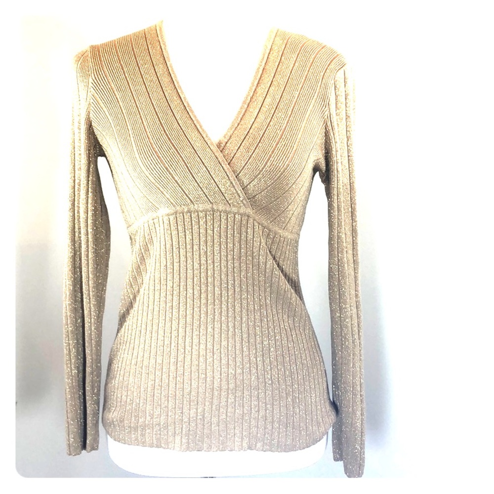 Gold metallic fitted v neck faux wrap sweater